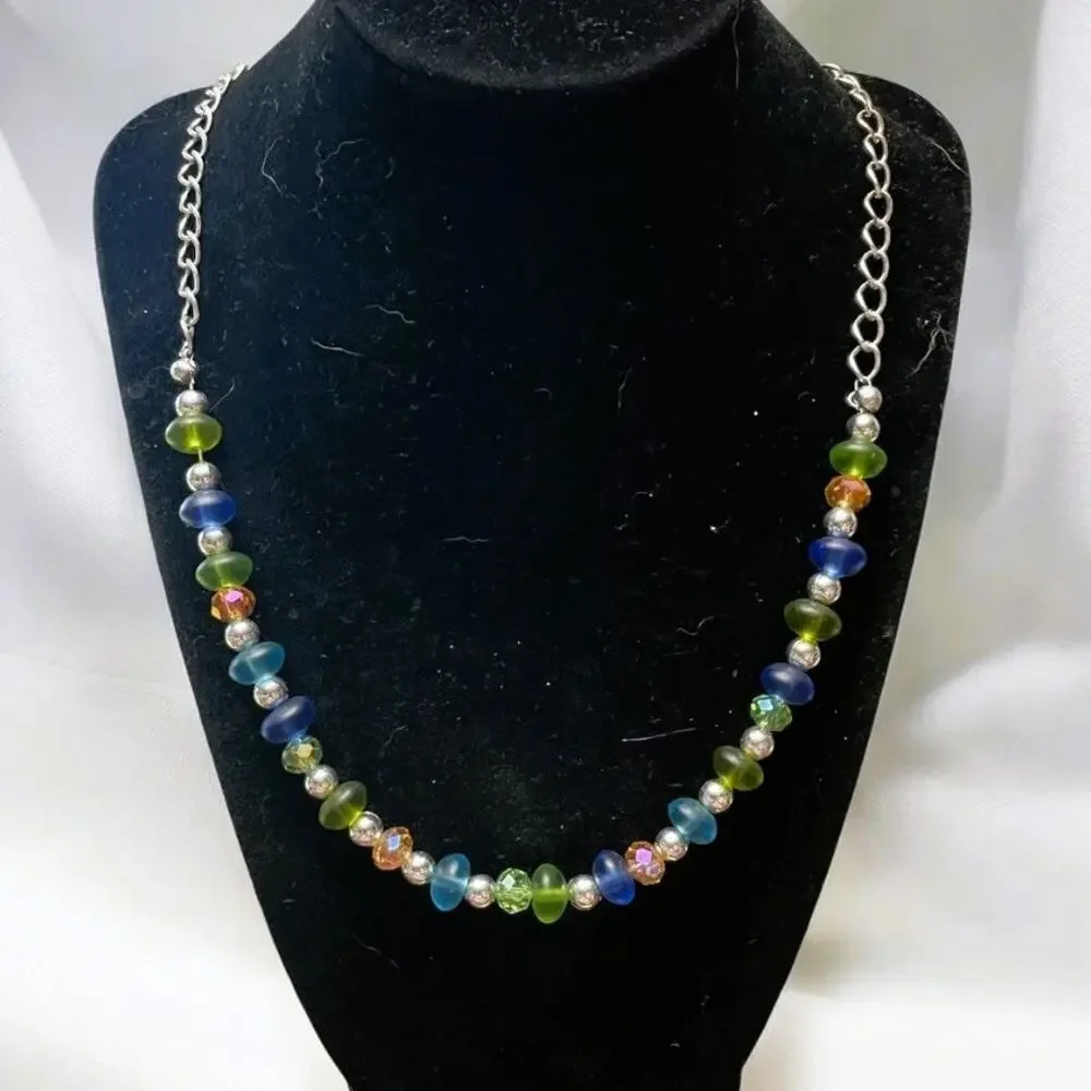 Frosted Sea Glass, Iridescent Crystal, Silver Ball Beaded Loop Link Necklace